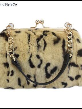 Rex Rabbit Fur Clutch Kisslock Handbag with Top Handle Crossbody Strap